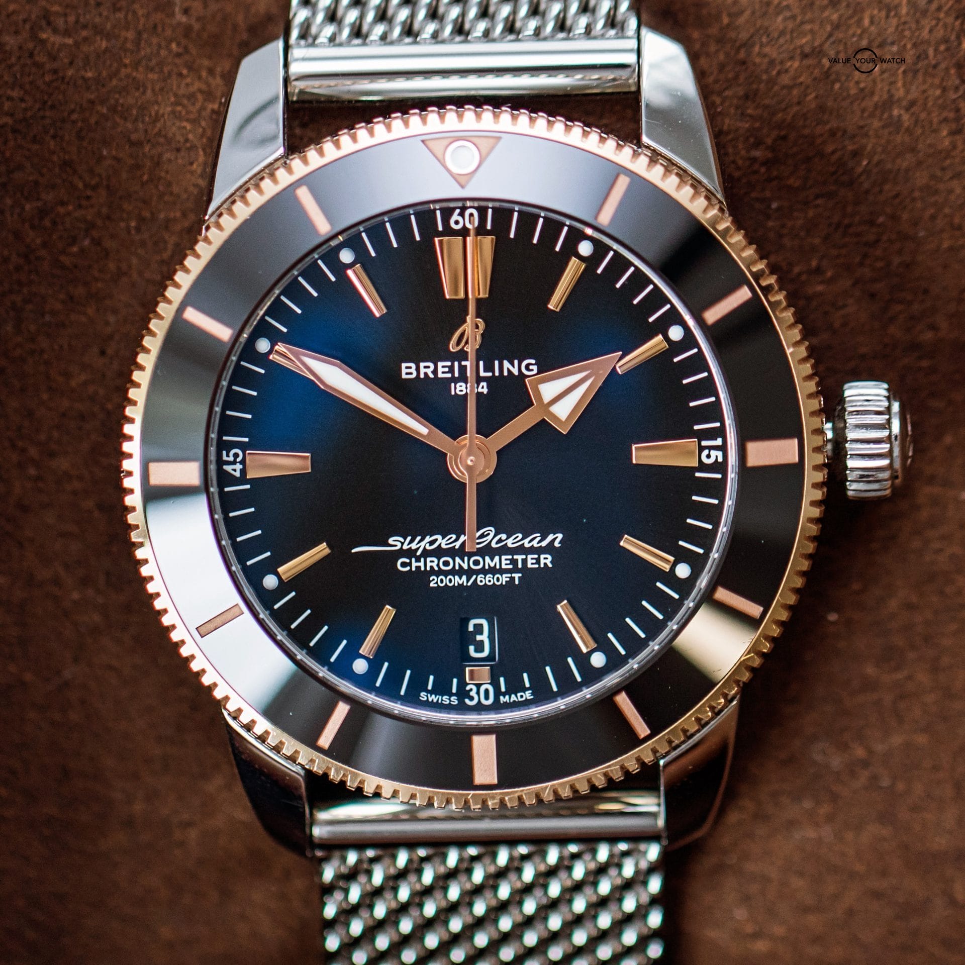 Breitling Superocean Heritage ll B20 44mm Gold Bezel Black Dial, Mesh Bracelet - Image 12