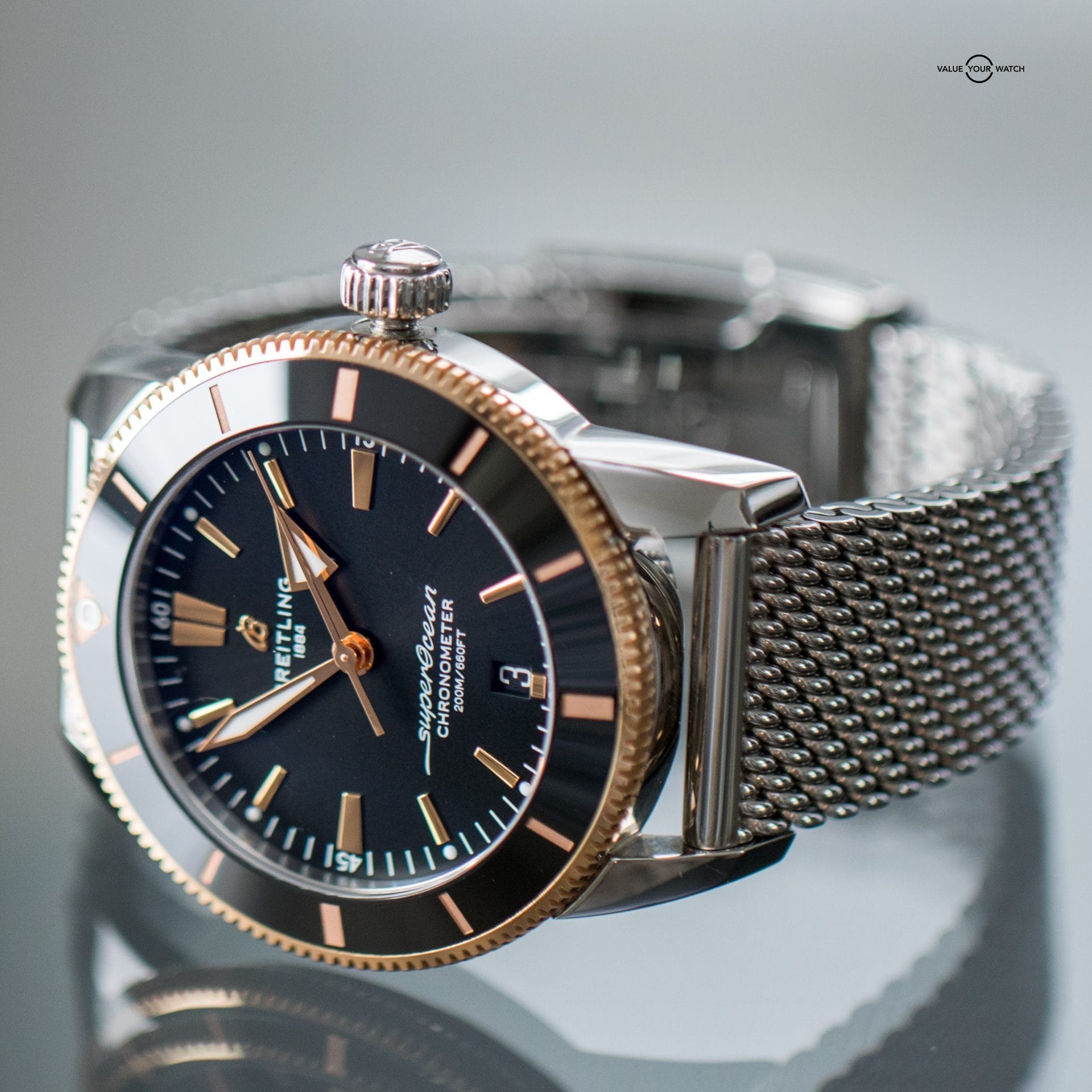Breitling Superocean Heritage ll B20 44mm Gold Bezel Black Dial, Mesh Bracelet - Image 7