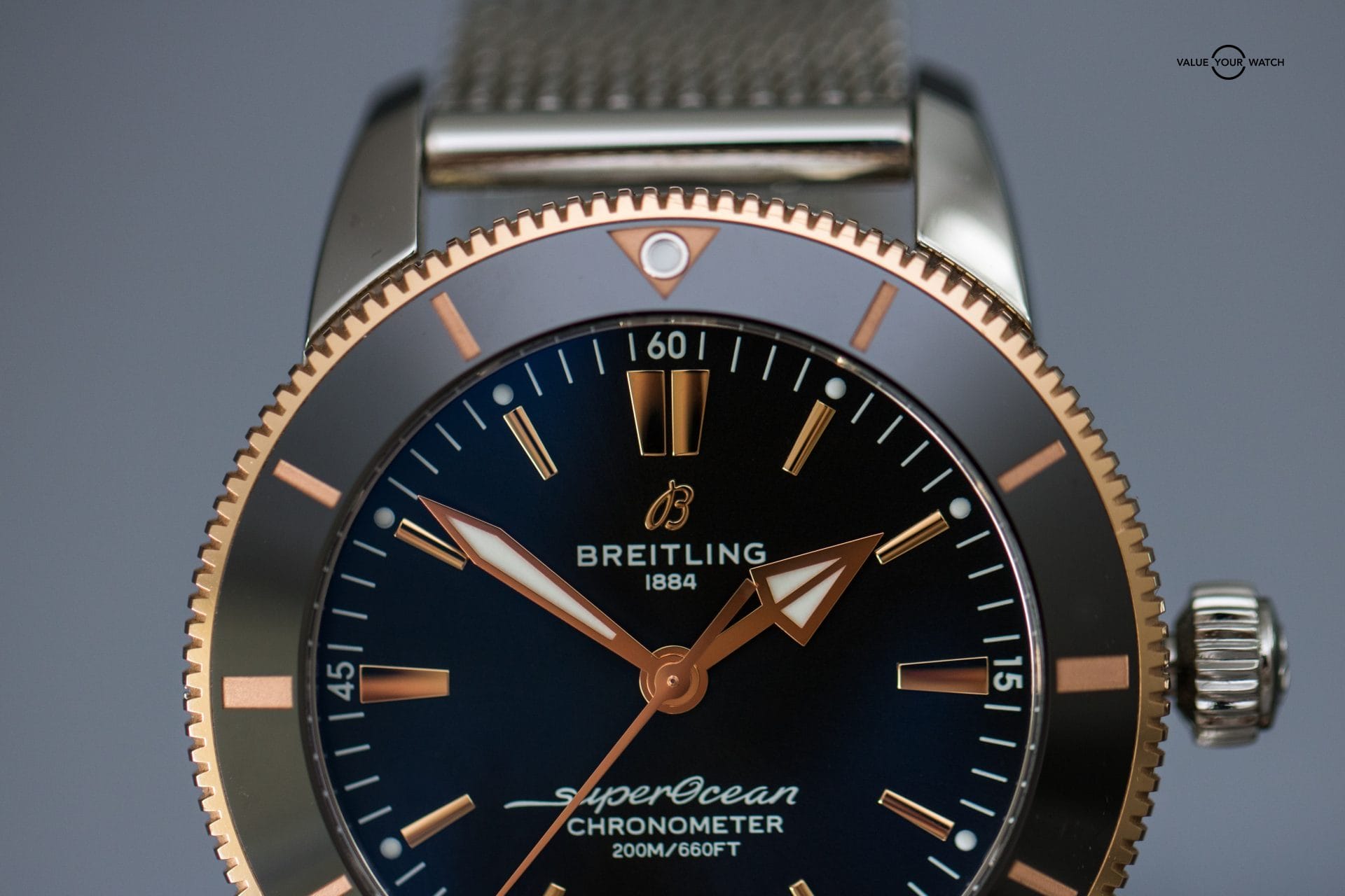 Breitling Superocean Heritage ll B20 44mm Gold Bezel Black Dial, Mesh Bracelet - Image 5