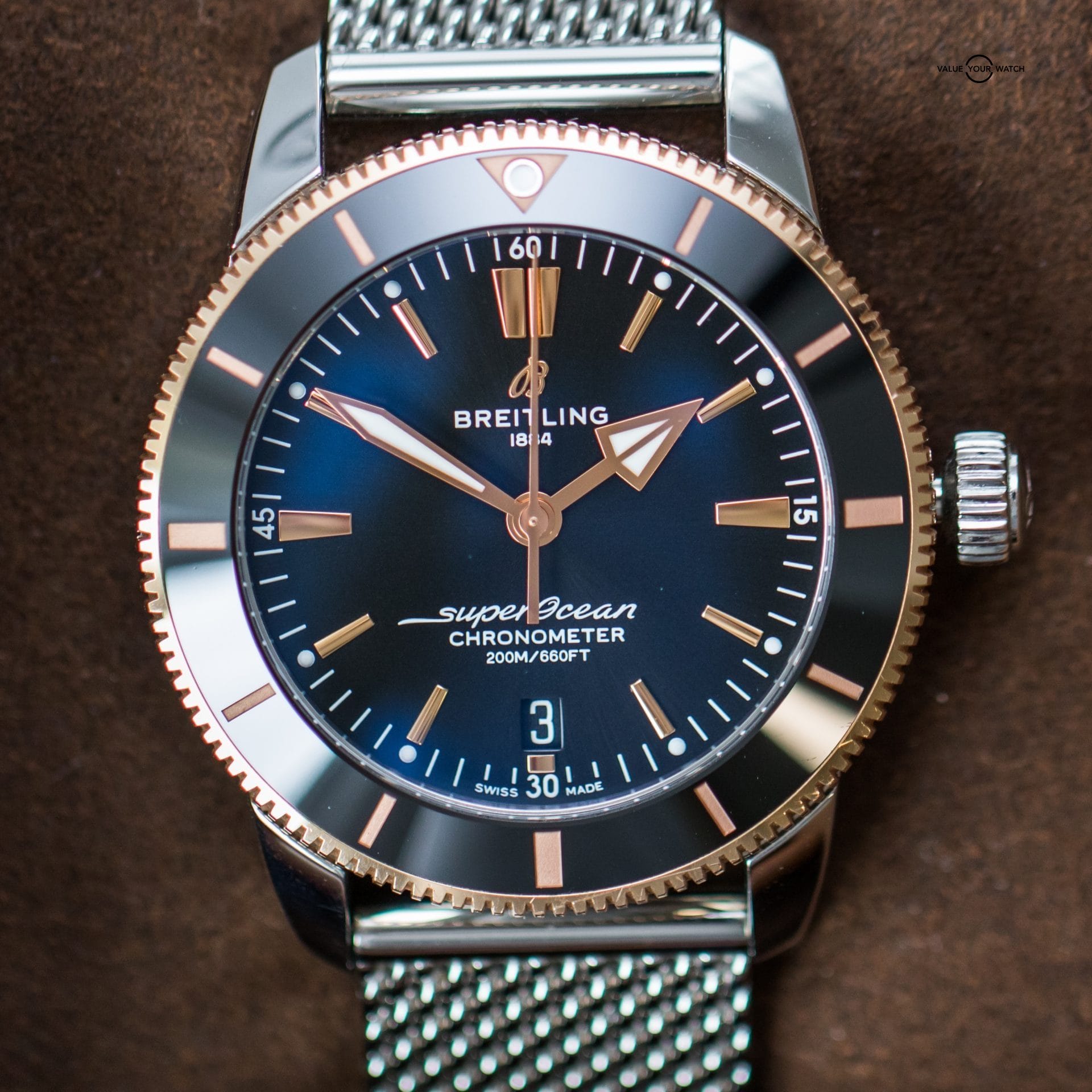 Breitling Superocean Heritage ll B20 44mm Gold Bezel Black Dial, Mesh Bracelet - Image 3