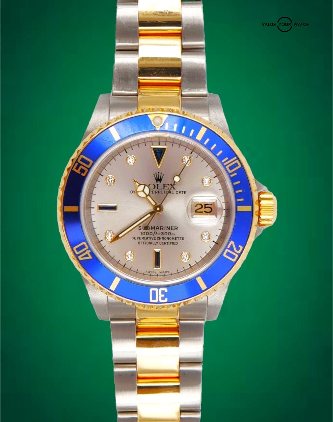 2006 Rolex Submariner 16613 Slate Serti Dial 18K Yellow Gold and SS BOXES PAPERS Value Your Watch