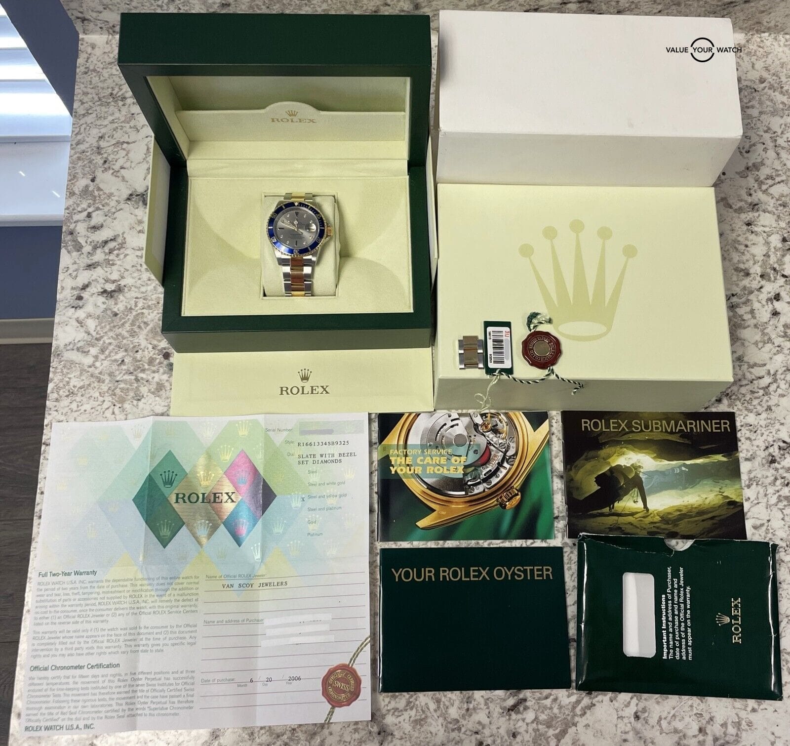 2006 Rolex Submariner 16613 Slate Serti Dial 18K Yellow Gold and