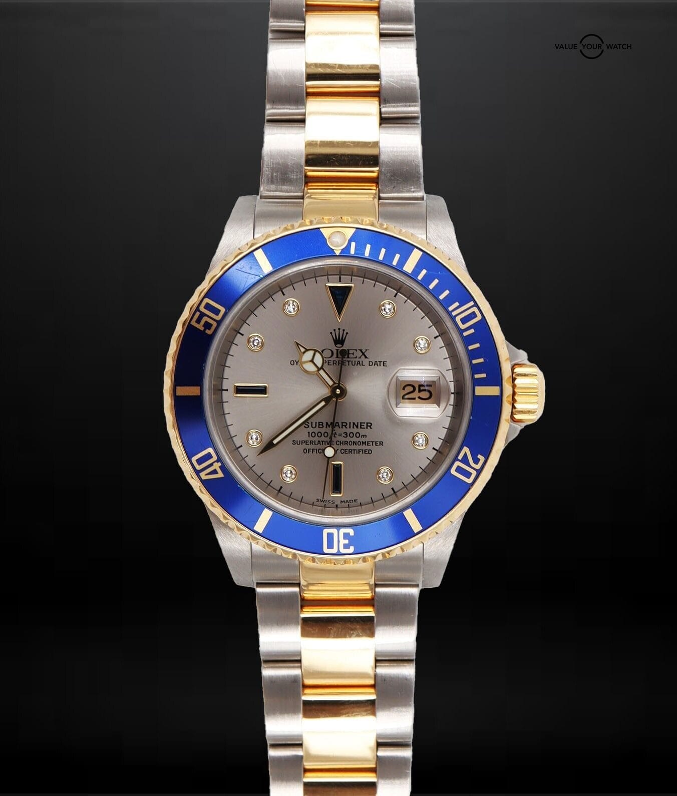 2006 Rolex Submariner 16613 Slate Serti Dial 18K Yellow Gold and SS BOXES/PAPERS - Image 7