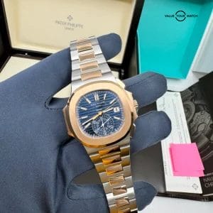 2021 Tiffany Box Papers Patek Philippe Nautilus Chronograph Rose Steel Blue Dial