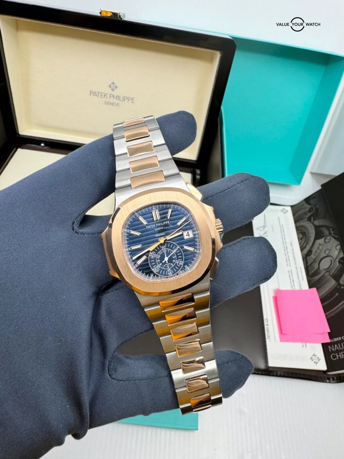 2021 Tiffany Box Papers Patek Philippe Nautilus Chronograph Rose Steel Blue Dial