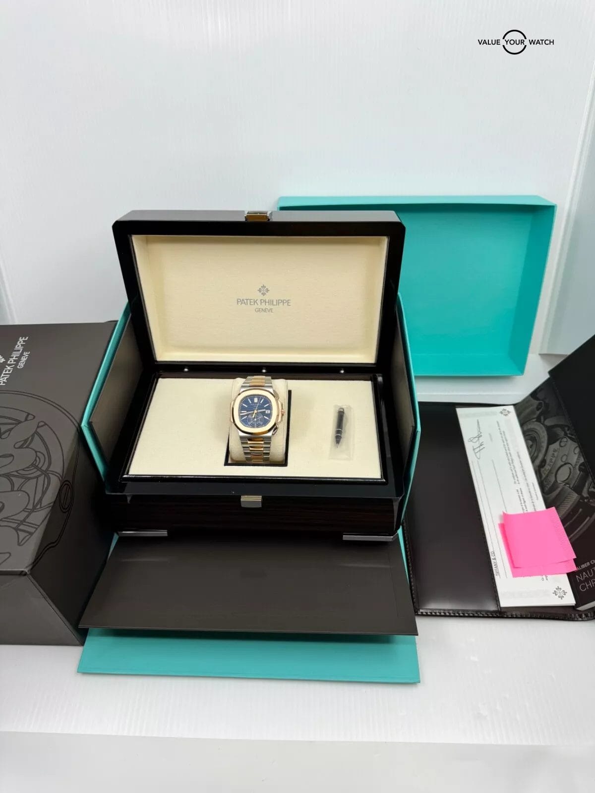 2021 Tiffany Box Papers Patek Philippe Nautilus Chronograph Rose Steel Blue Dial - Image 3