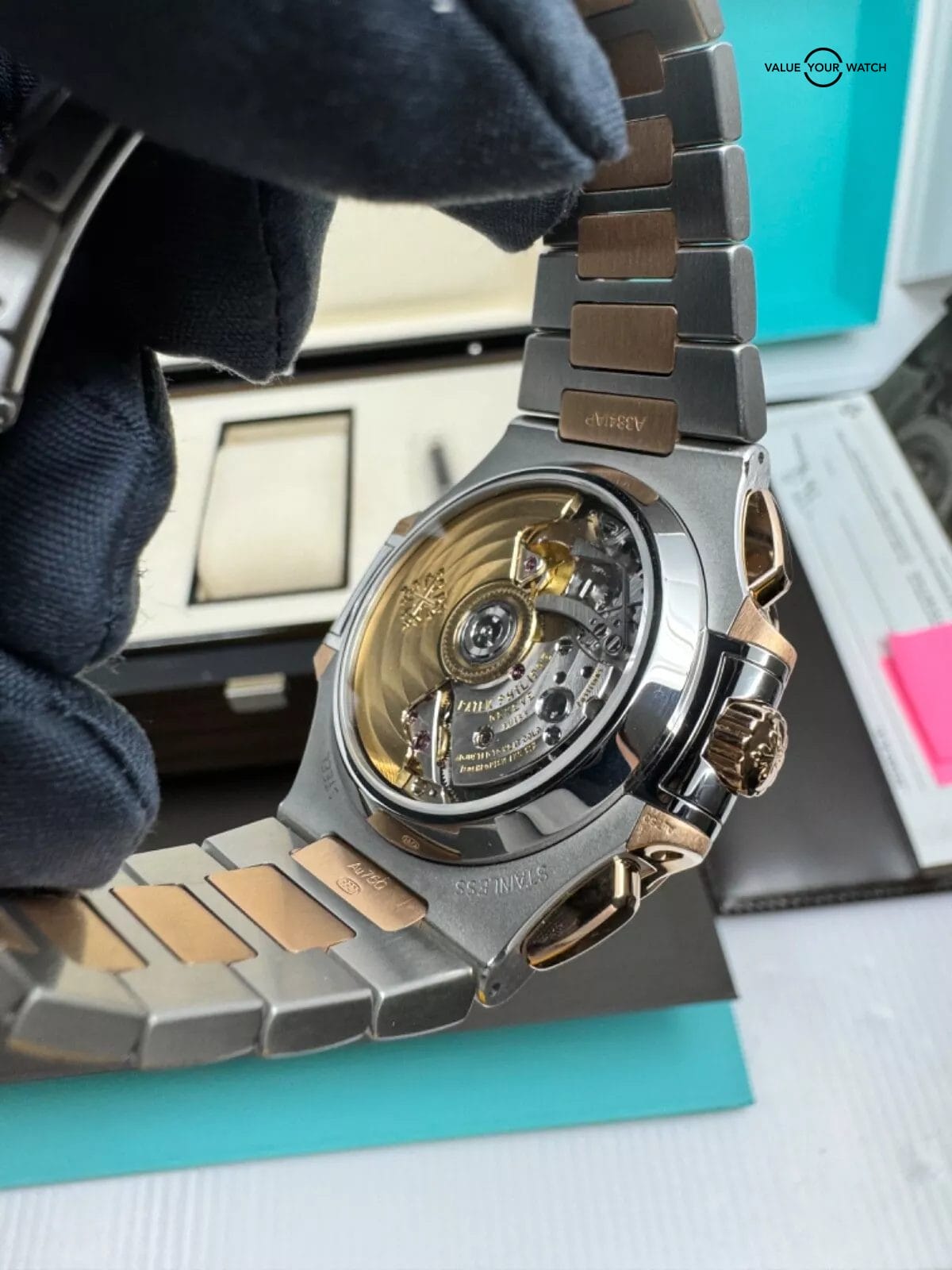 2021 Tiffany Box Papers Patek Philippe Nautilus Chronograph Rose Steel Blue Dial - Image 5