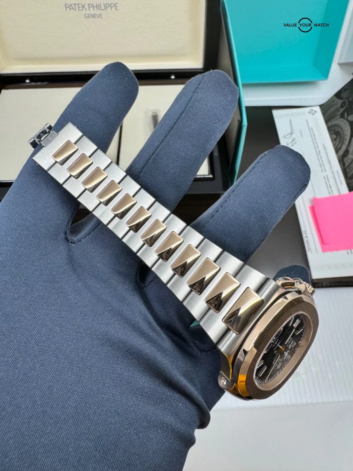 2021 Tiffany Box Papers Patek Philippe Nautilus Chronograph Rose Steel Blue Dial - Image 6