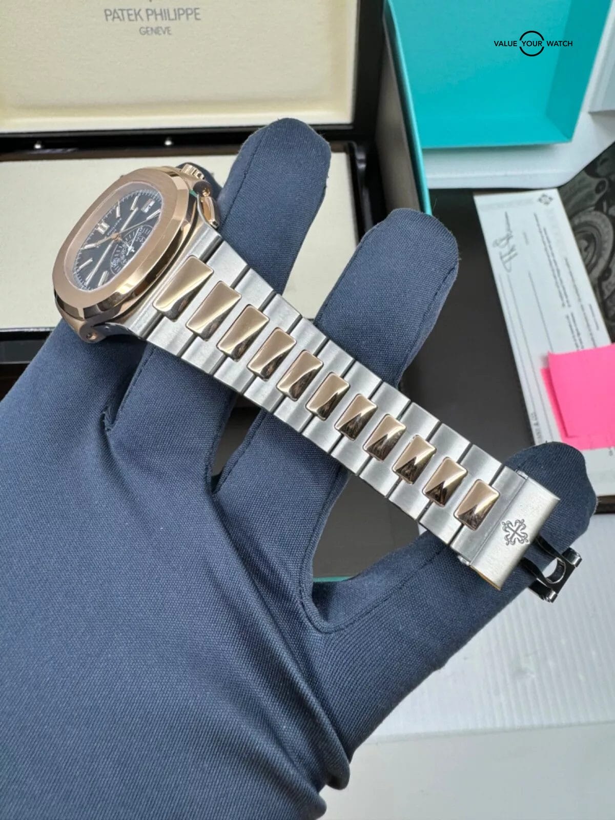 2021 Tiffany Box Papers Patek Philippe Nautilus Chronograph Rose Steel Blue Dial - Image 7