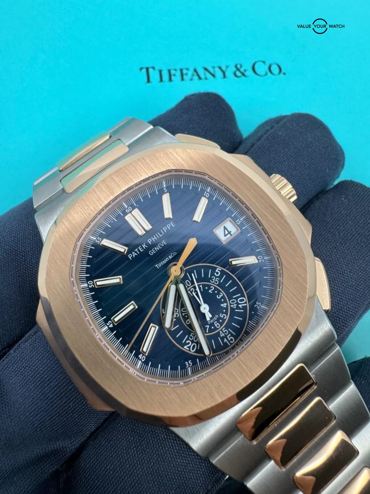 2021 Tiffany Box Papers Patek Philippe Nautilus Chronograph Rose Steel Blue Dial - Image 8