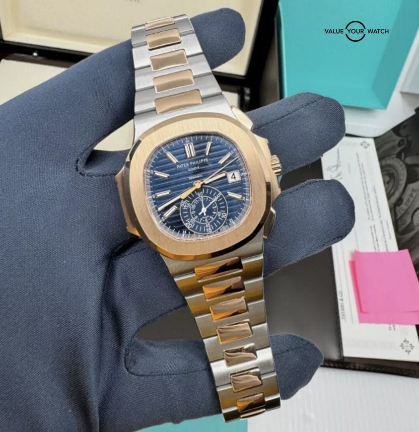 2021 Tiffany Box Papers Patek Philippe Nautilus Chronograph Rose Steel Blue Dial - Image 9