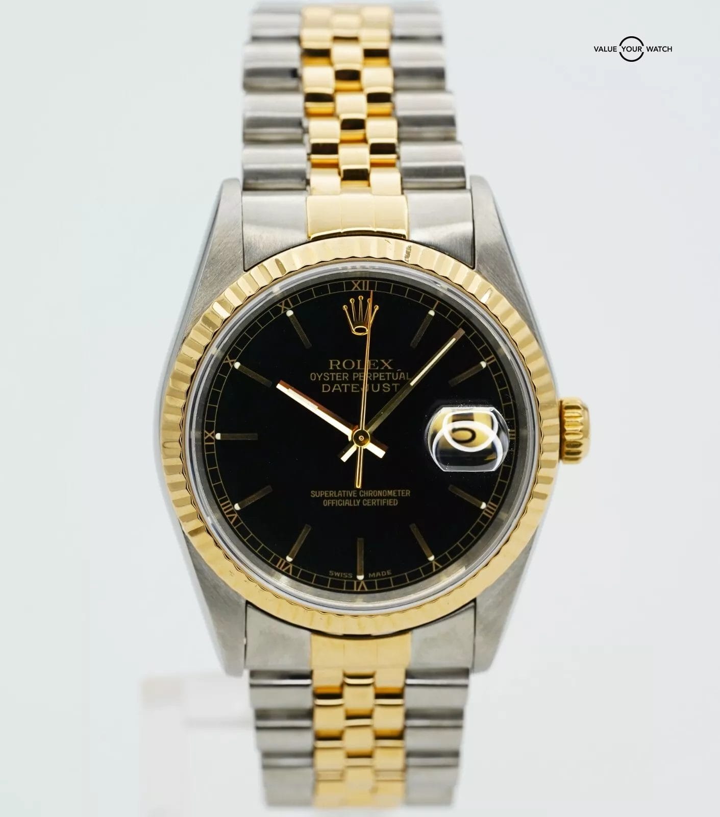 Rolex Datejust 16233 NO HOLES Black Dial 36mm 18K Yellow Gold/SS w ...