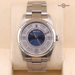 Rolex Oyster Perpetual 36 116034 18k WG Fluted Bezel x Rare Concentric Blue Dial