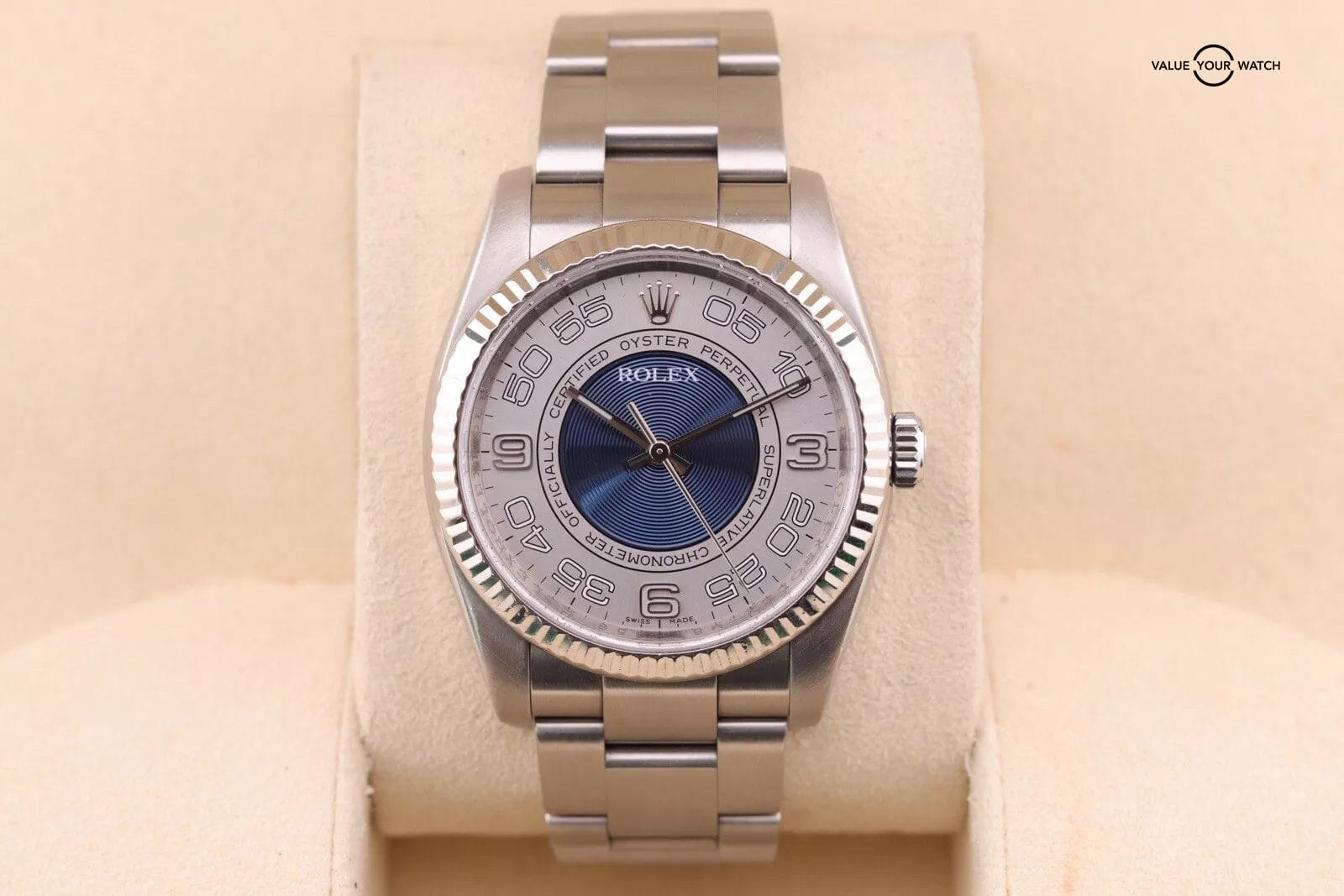 Rolex Oyster Perpetual 36 116034 18k WG Fluted Bezel x Rare Concentric Blue Dial