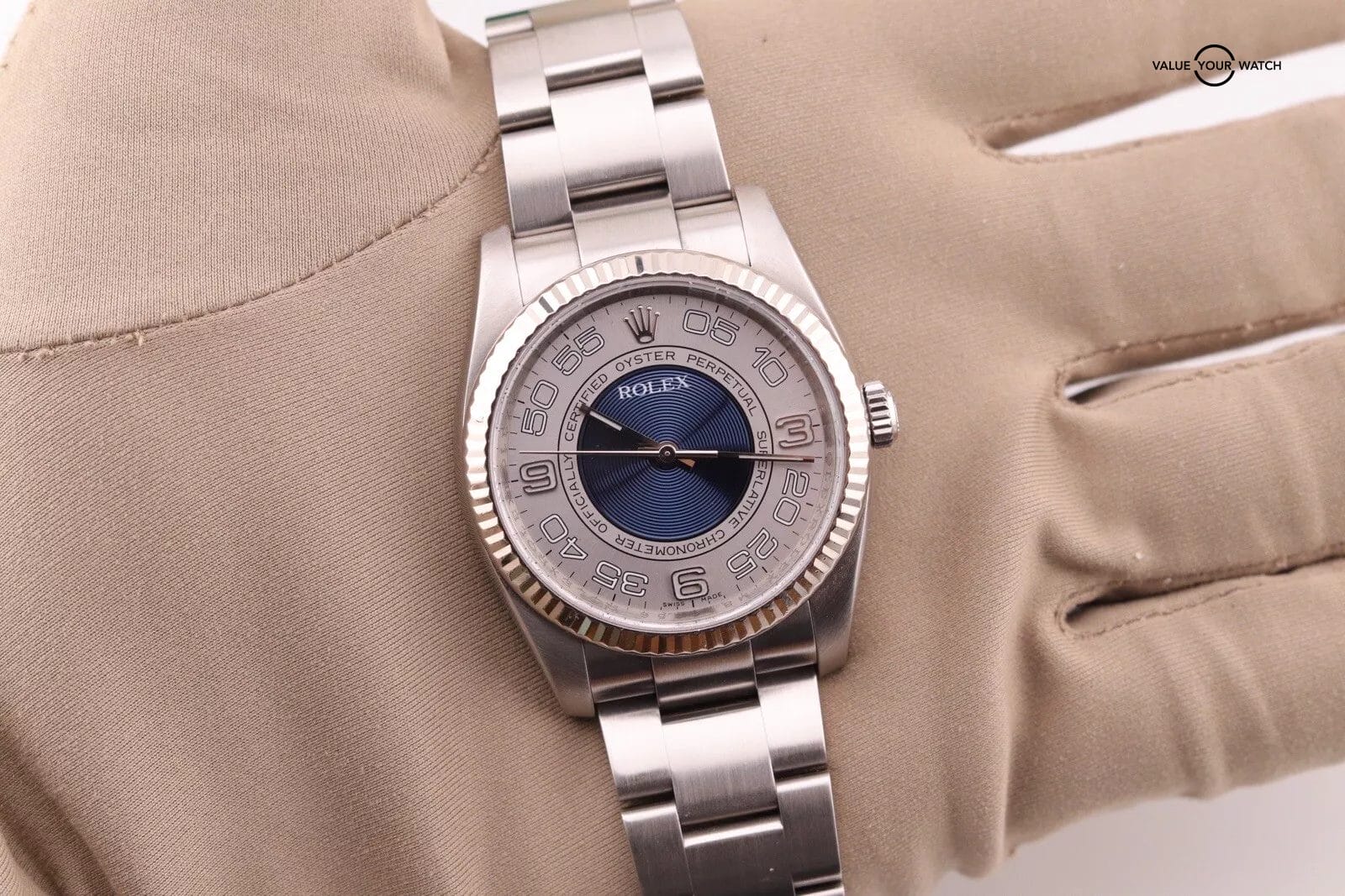 Rolex Oyster Perpetual 36 116034 18k WG Fluted Bezel x Rare Concentric Blue Dial - Image 11