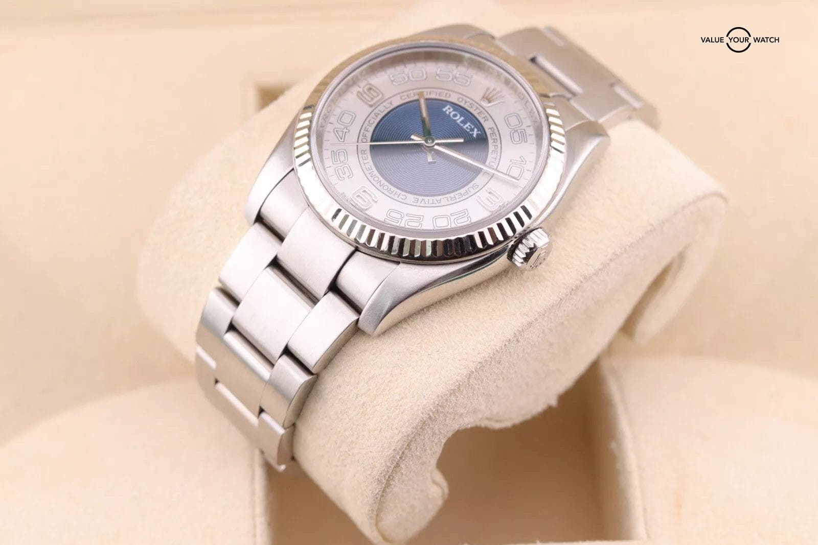 Rolex Oyster Perpetual 36 116034 18k WG Fluted Bezel x Rare Concentric Blue Dial - Image 14