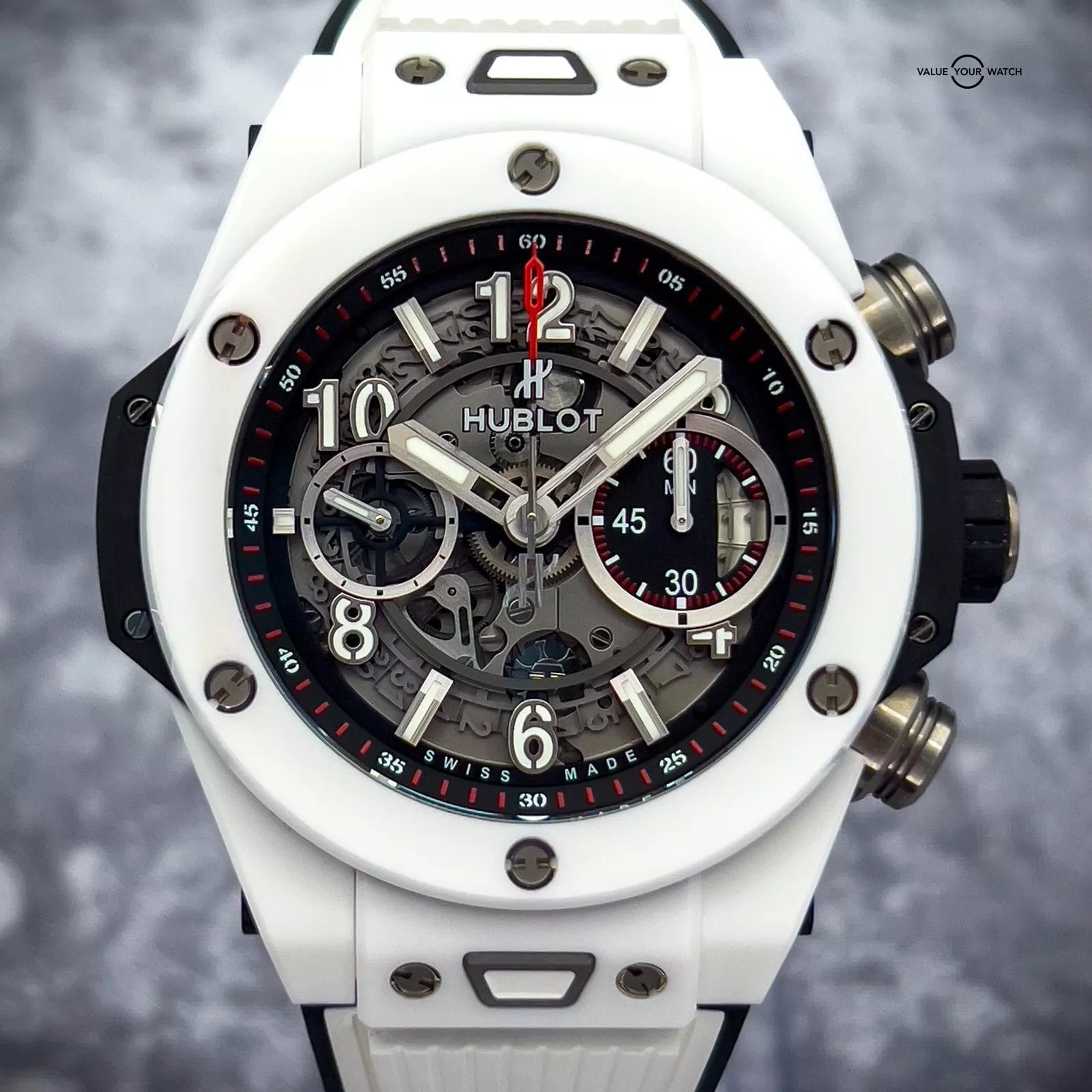 Hublot Big Bang Unico White Ceramic Red Accent 45mm Excellent 411.HX.1170.RX B&P