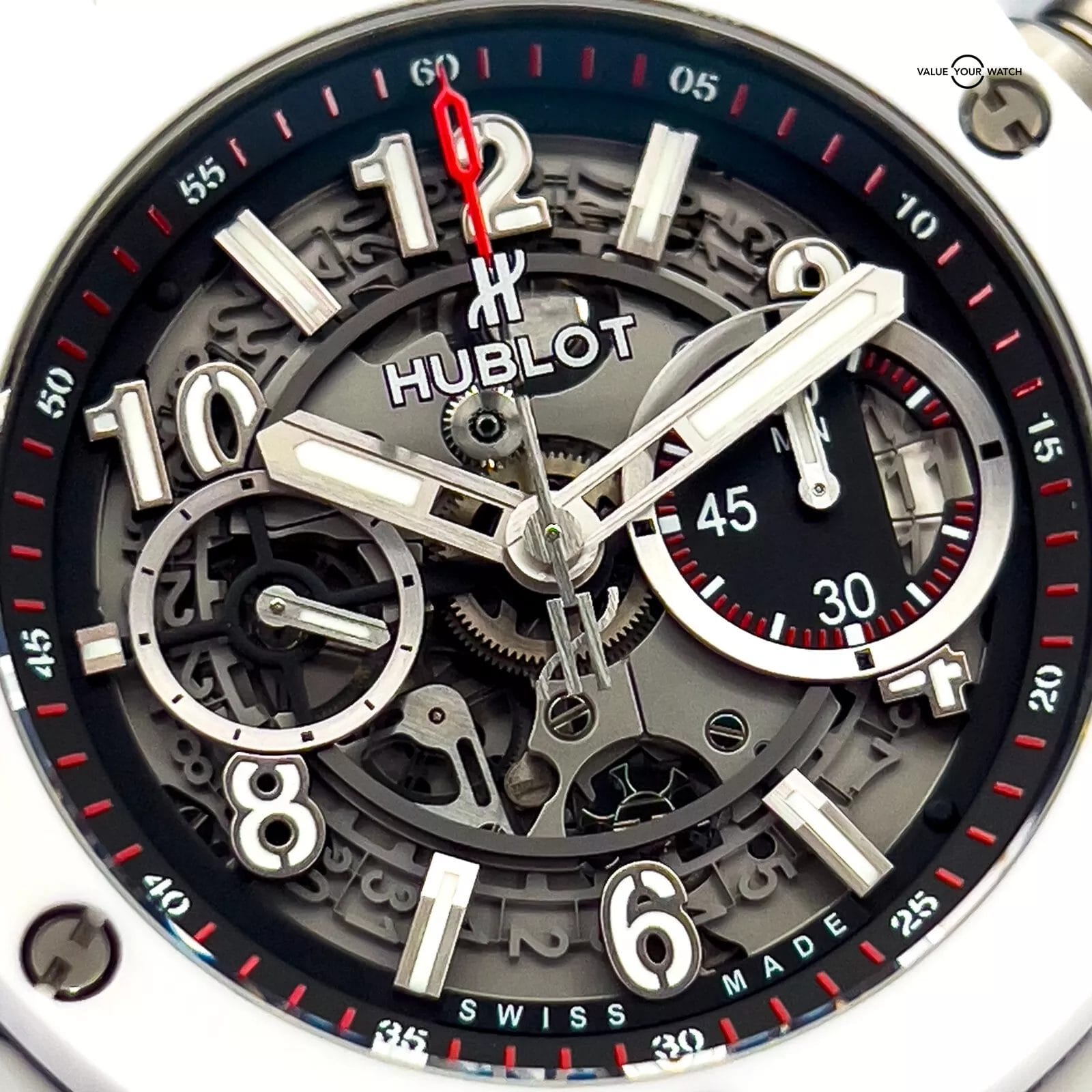 Hublot Big Bang Unico White Ceramic Red Accent 45mm Excellent 411.HX.1170.RX B&P - Image 9