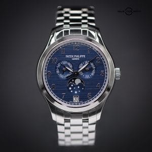 PATEK PHILIPPE Annual Calendar 38, Satiné Blue Dial, Steel Bracelet, Ref. 4947/1A-001, Complete Set