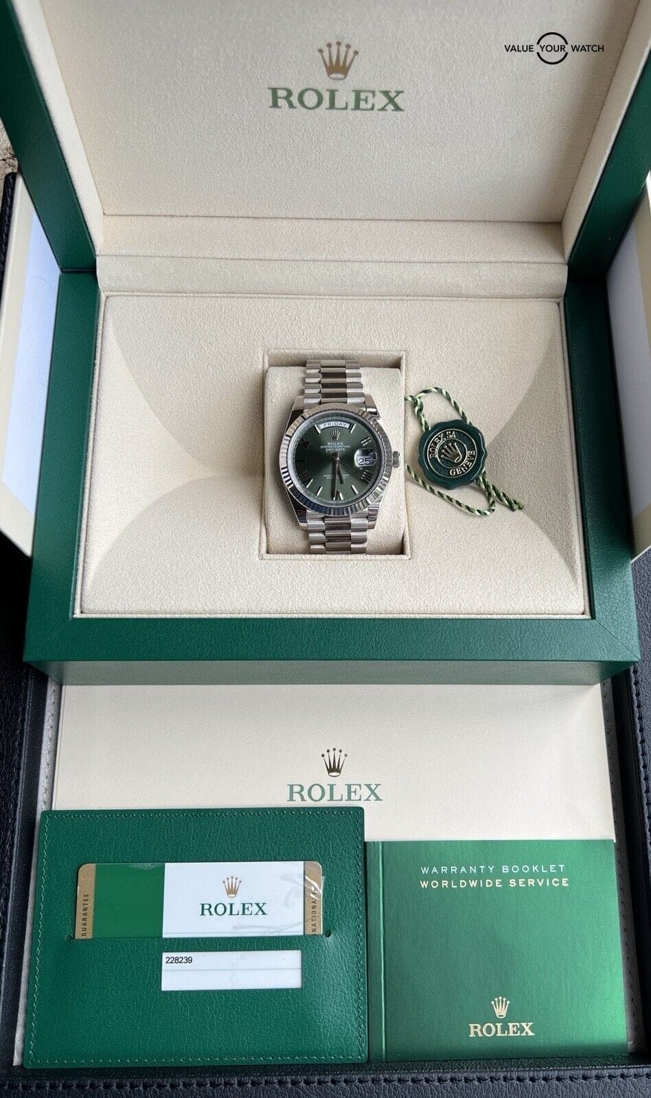 Rolex Day Date 228239 Olive Dial White Gold 40mm Men's Watch Box And Papers - Image 8
