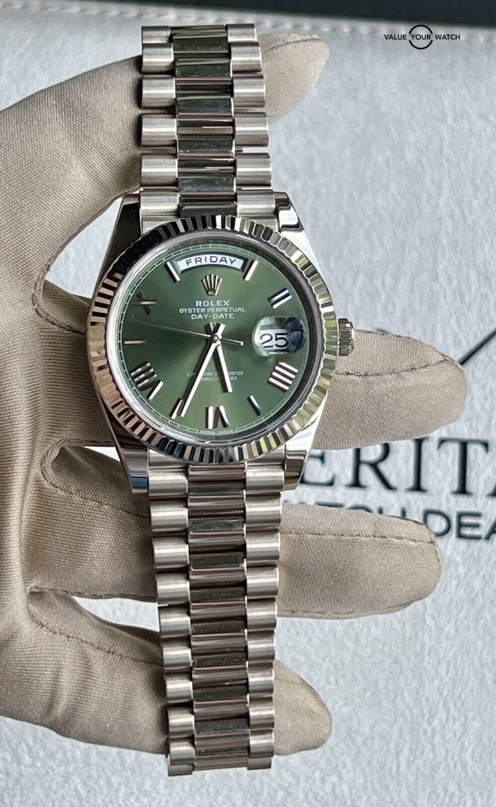 Rolex Day Date 228239 Olive Dial White Gold 40mm Men's Watch Box And Papers