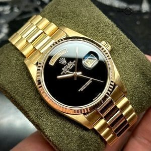 Rolex 18038 Day Date 36 Onyx Dial 1979 Vintage Factory Service Yellow Gold Black