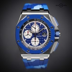 Royal Oak Offshore “Blue Camo” 44, Ref. 26400SO.OO.A335CA.01, Complete Set with Extra Strap. Limited Edition of 400 pieces.