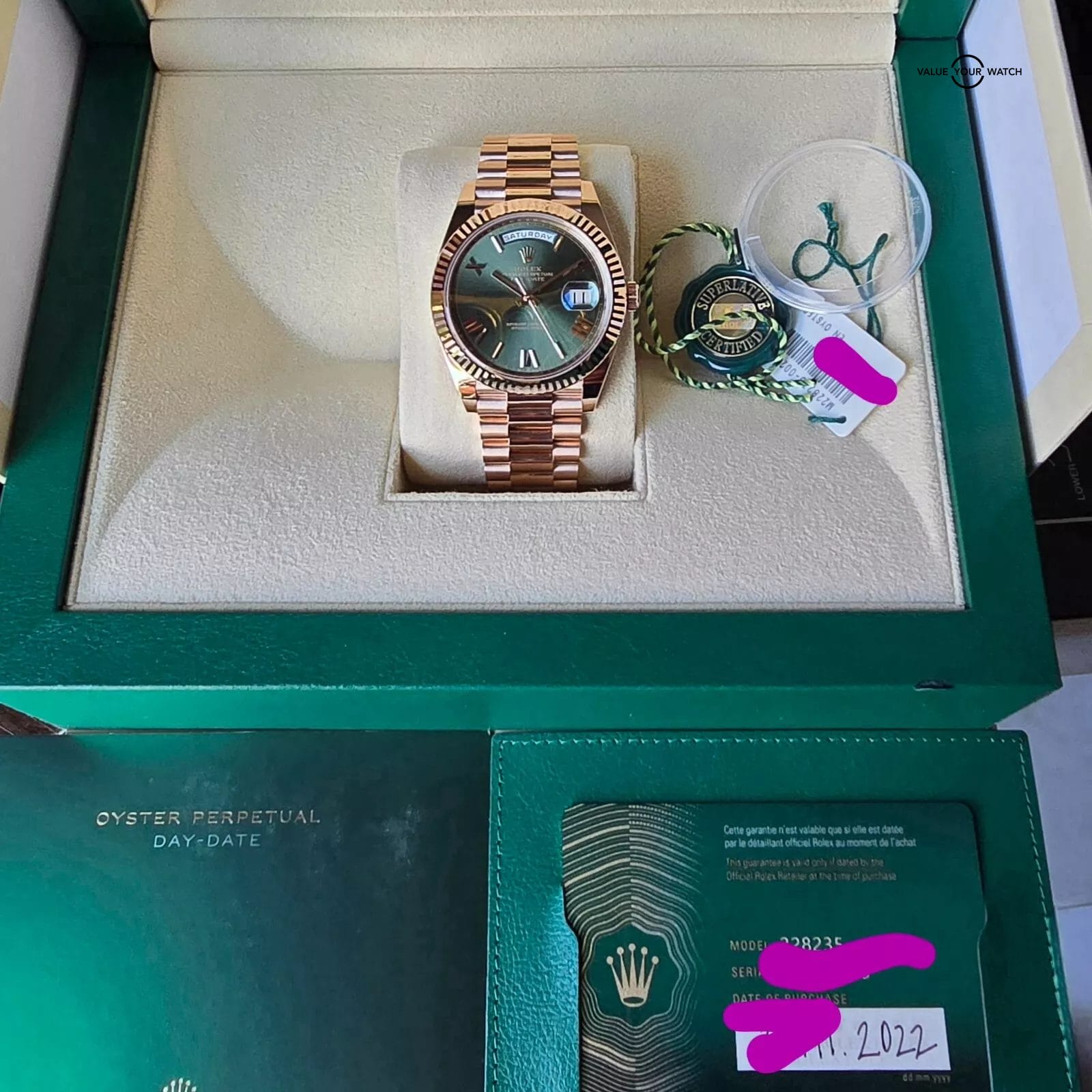 Rolex Day-Date 40mm Olive Dial in Rose Gold 228235 President DD40 Full set! - Image 2