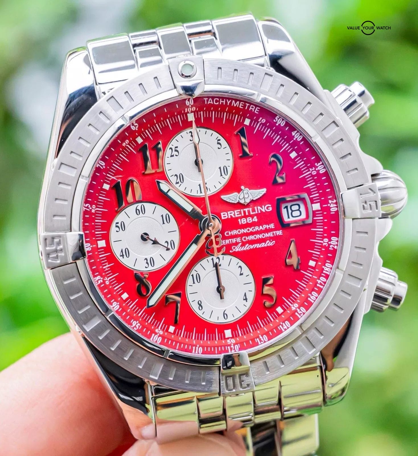 Breitling Chronomat Evolution 43 mm Red Numeral Dial Boxes Chronograph A13356 Value Your Watch