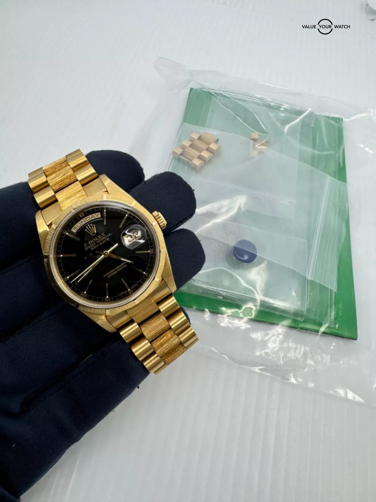 Unpolished Rolex Day Date Bark President 18248 Black Dial 18K Gold