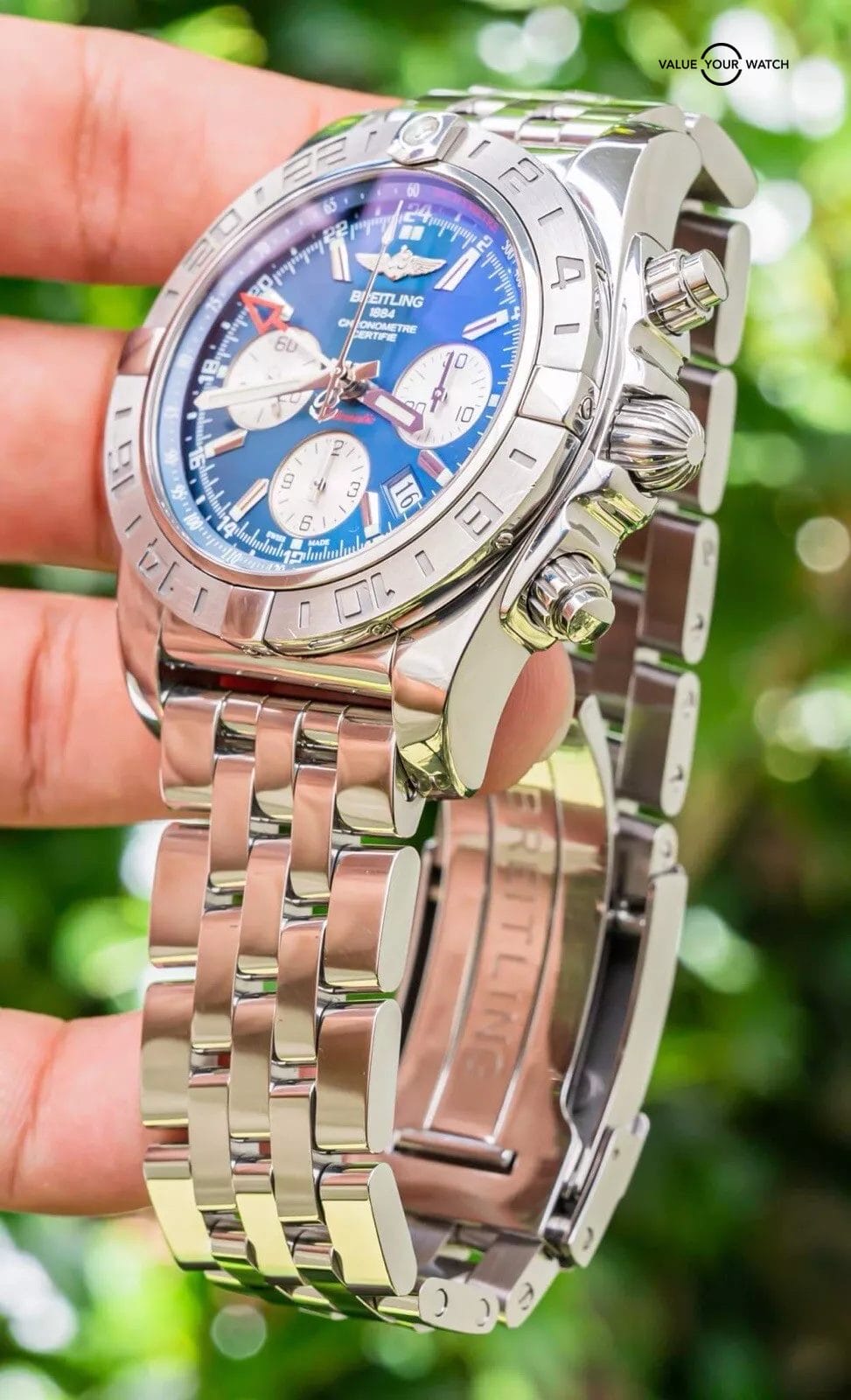 Breitling Chronomat 44 GMT 10K MSRP Blue Dial Boxes B04 Bracelet Steel AB0420 Value Your Watch