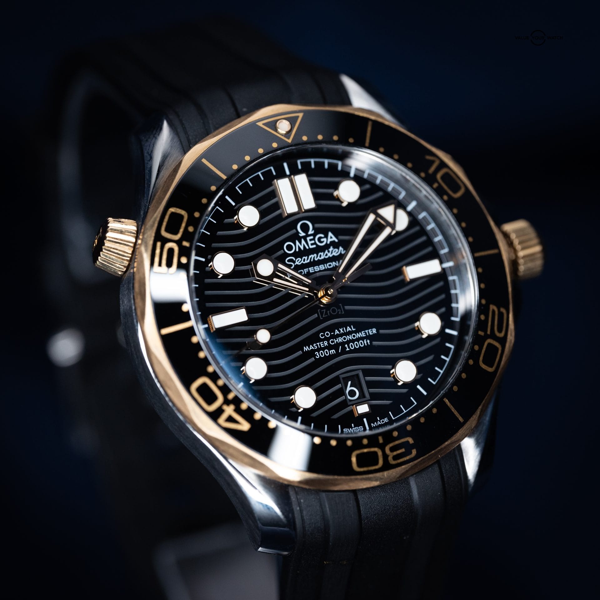 Omega Seamaster Professional Diver 300M Black 18K Yellow Gold 42mm Wave Dial Ref 210.22.42.20.01.001