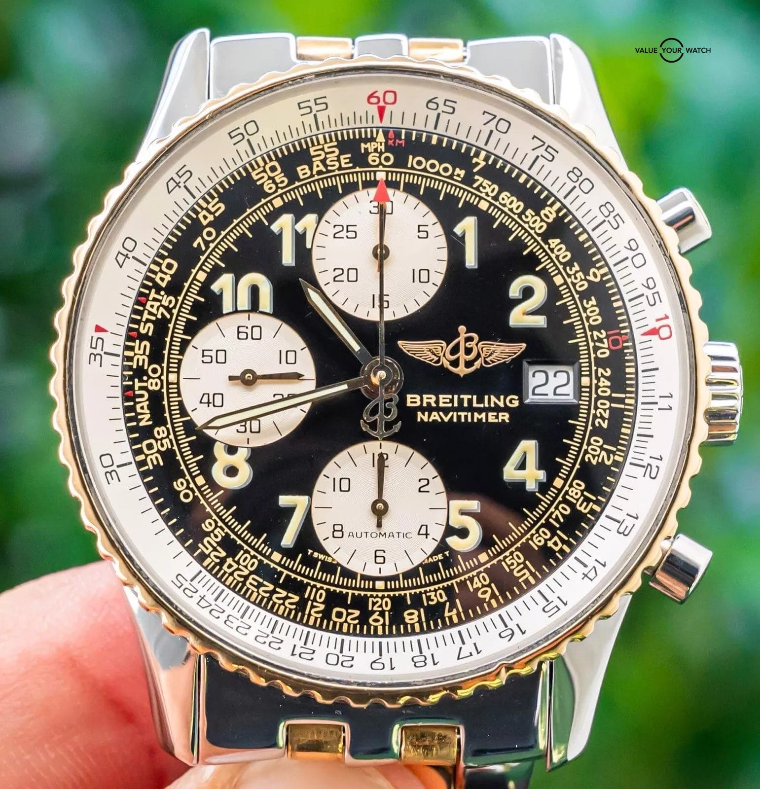 Breitling Old Navitimer II 42 Two Tone Gold SERVICED Vintage Black Box D13022 Value Your Watch
