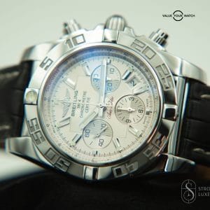 Breitling Chronomat 44 B01 AB011012/G684 B&P Silver Dial Leather Strap Stainless