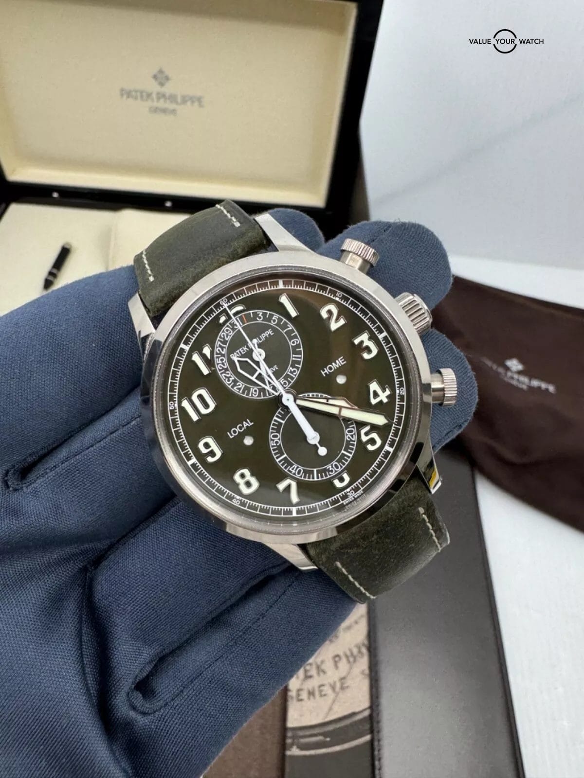 2023 B+P Unpolished Dark Green Dial 18k White Gold Calatrava Pilot Travel Time