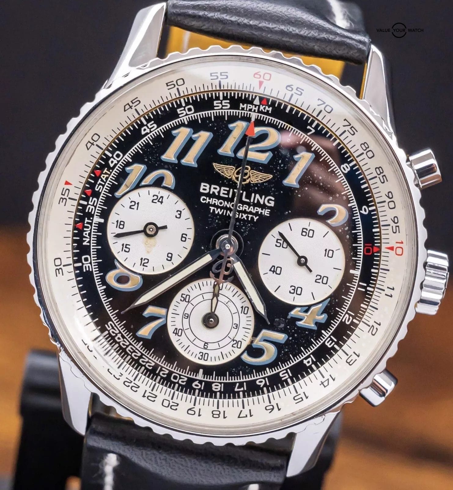 Breitling Navitimer Twin Sixty 2 SERVICED Black Dial Leather Boxes Auto A39022.1