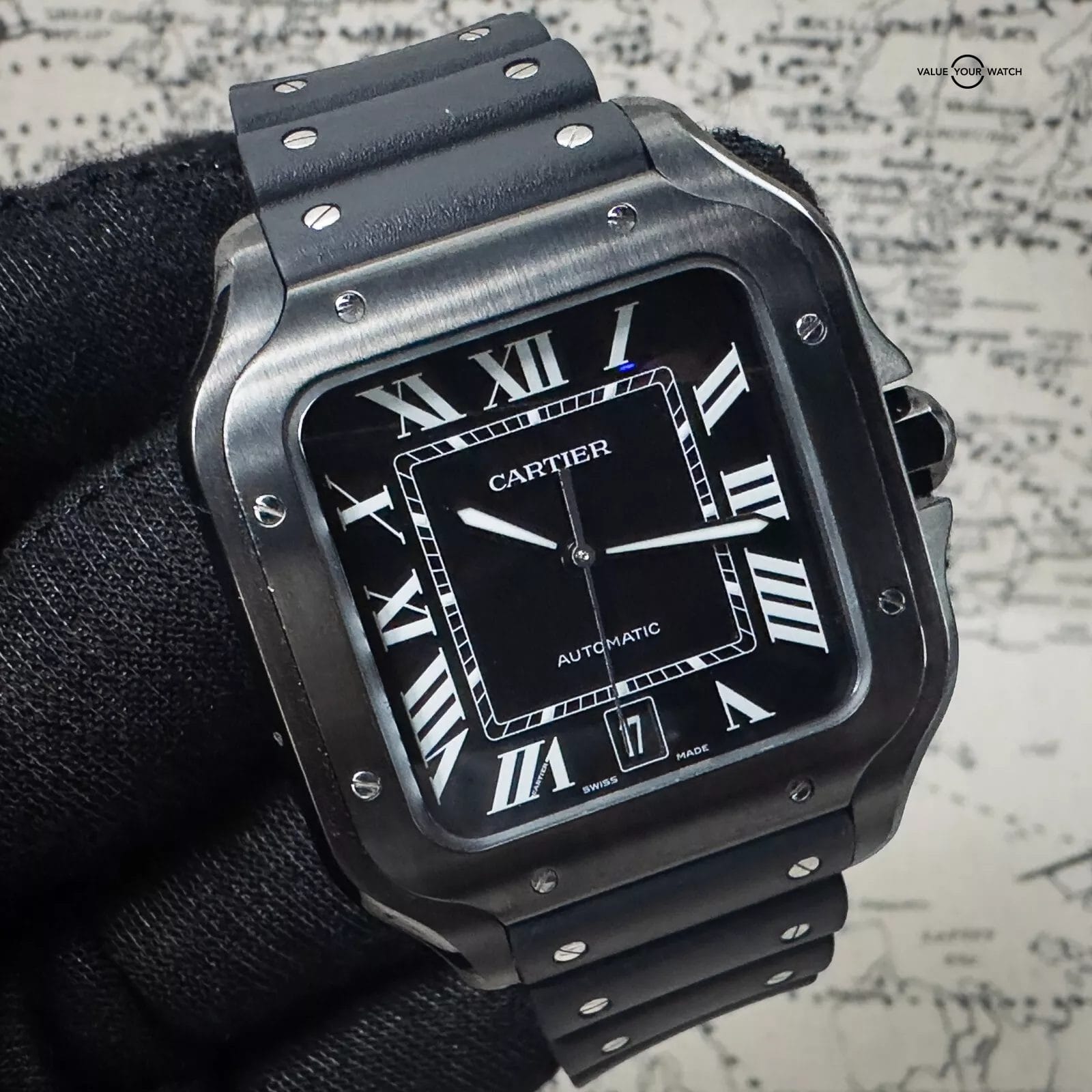 2023 Santos De Cartier WSSA0039 Complete Set- ADLC Case w Leather & Rubber Strap