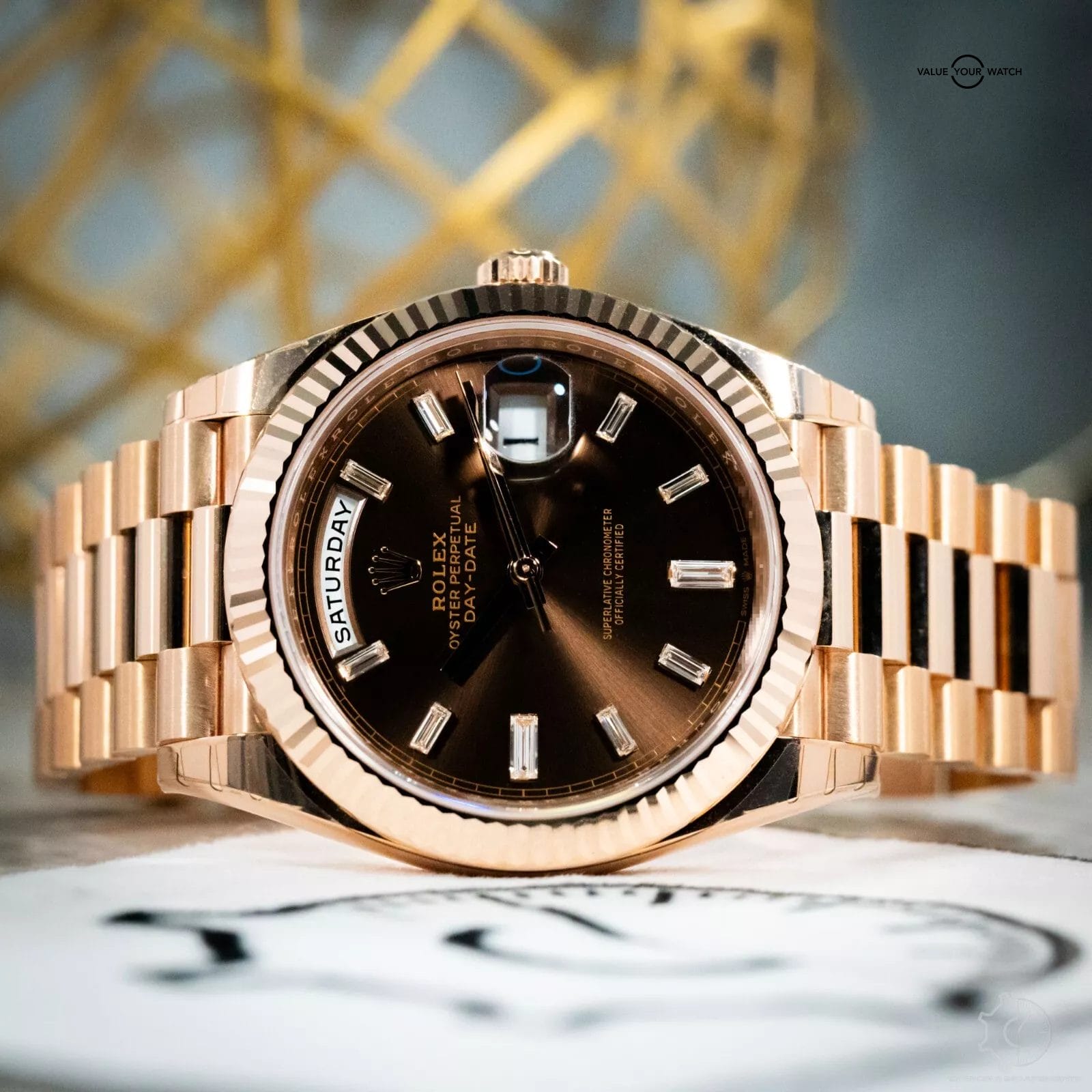 2024 Rolex Day-Date 40 Chocolate Brown Dial Diamond Rose Gold President - 228235 - Image 5