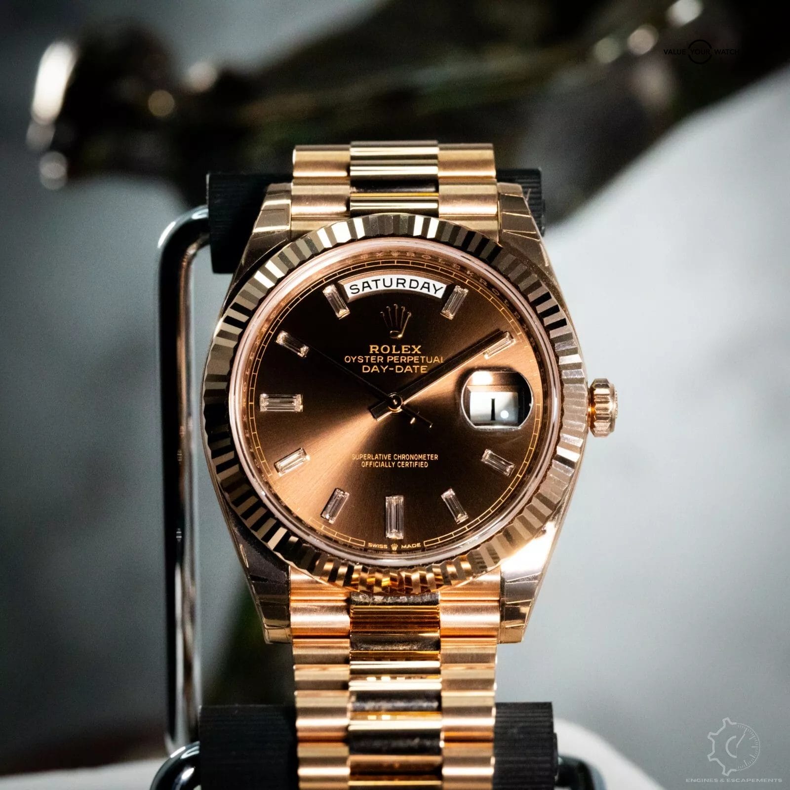 2024 Rolex Day-Date 40 Chocolate Brown Dial Diamond Rose Gold President - 228235 - Image 4