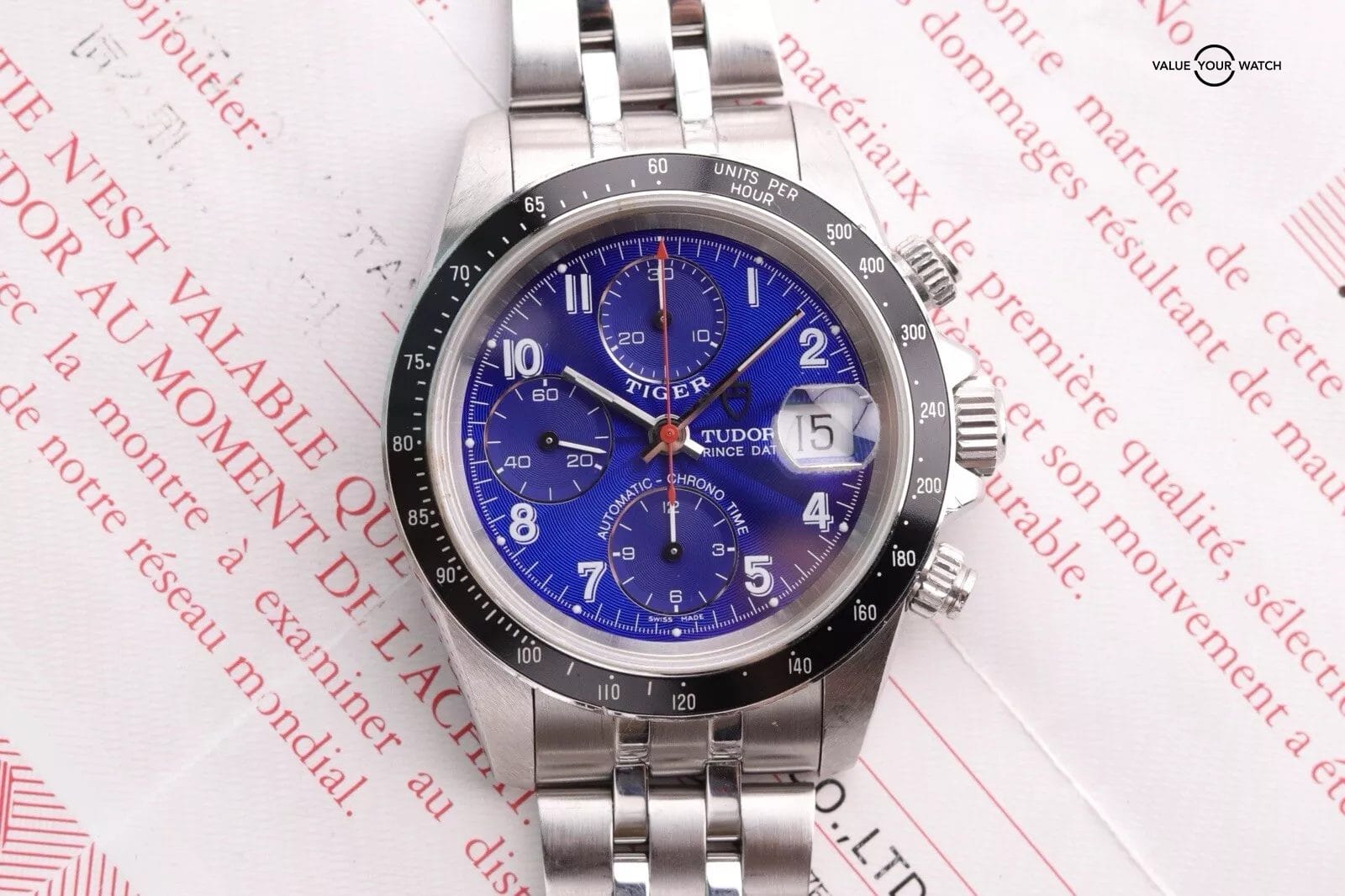 Tudor Tiger Woods Prince Blue Dial Chronograph Steel Mens Watch 79260 w Papers