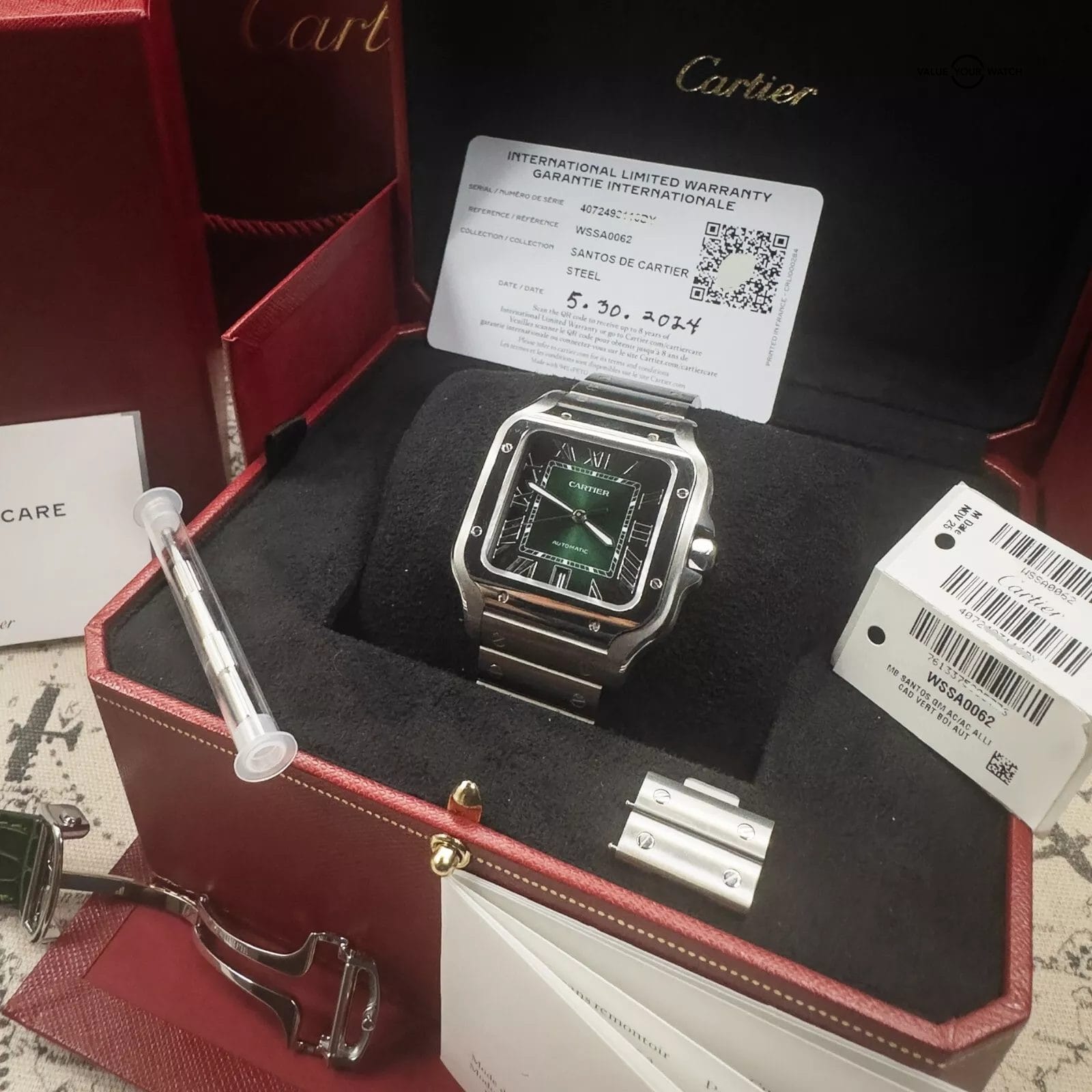 2024 Cartier Santos WSSA0062 Green Dial Complete w Steel Bracelet & Rubber Strap - Image 3