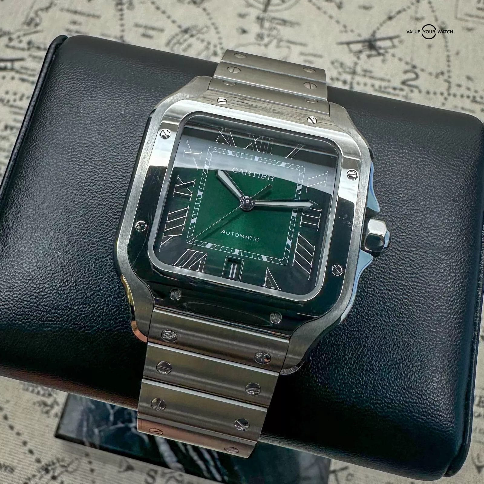 2024 Cartier Santos WSSA0062 Green Dial Complete w Steel Bracelet & Rubber Strap - Image 4