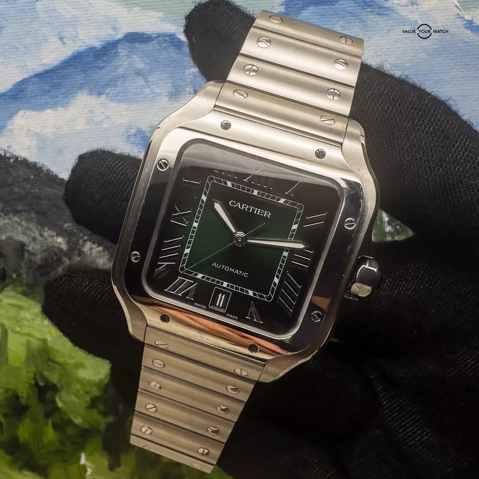 2024 Cartier Santos WSSA0062 Green Dial Complete w Steel Bracelet & Rubber Strap - Image 6