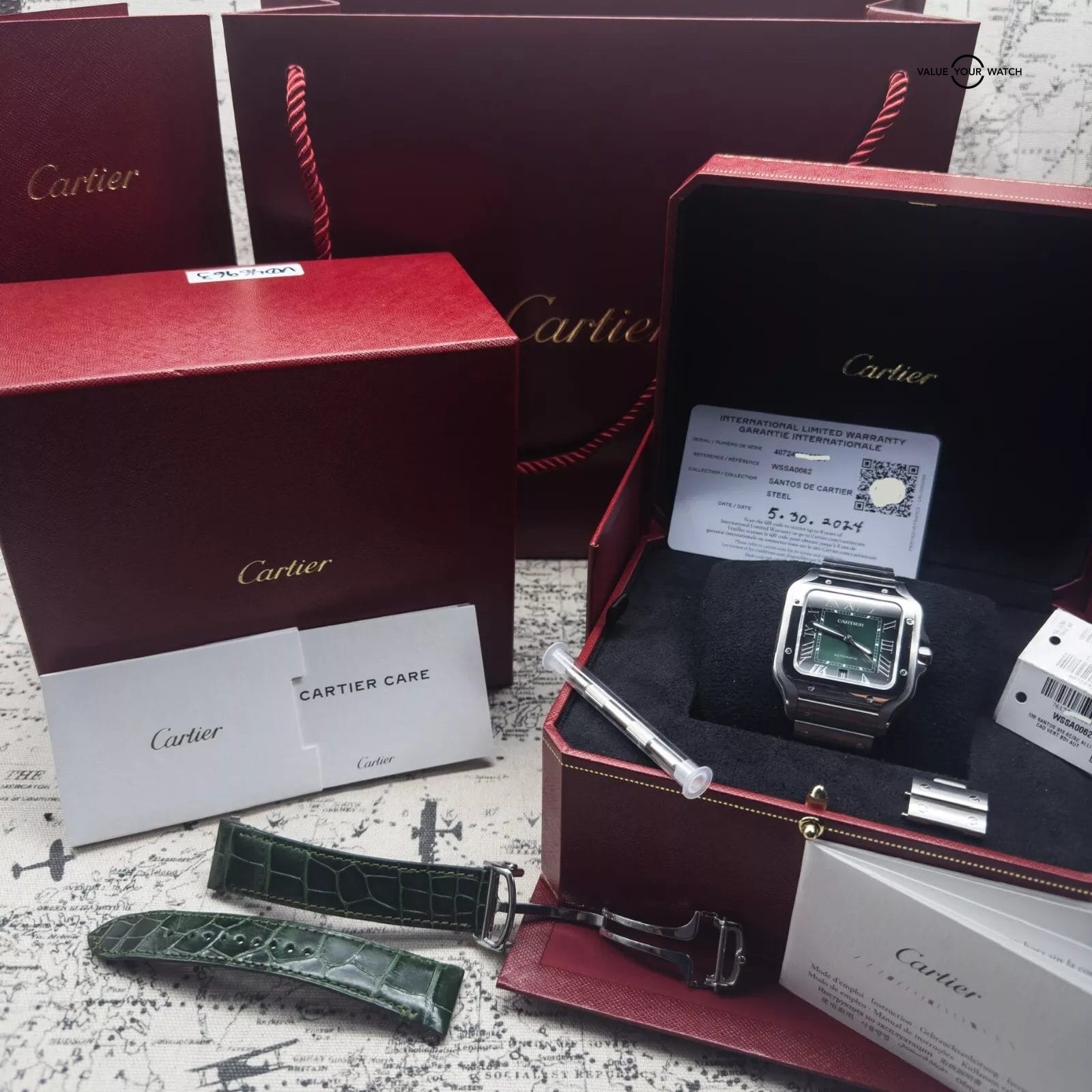 2024 Cartier Santos WSSA0062 Green Dial Complete w Steel Bracelet & Rubber Strap - Image 15