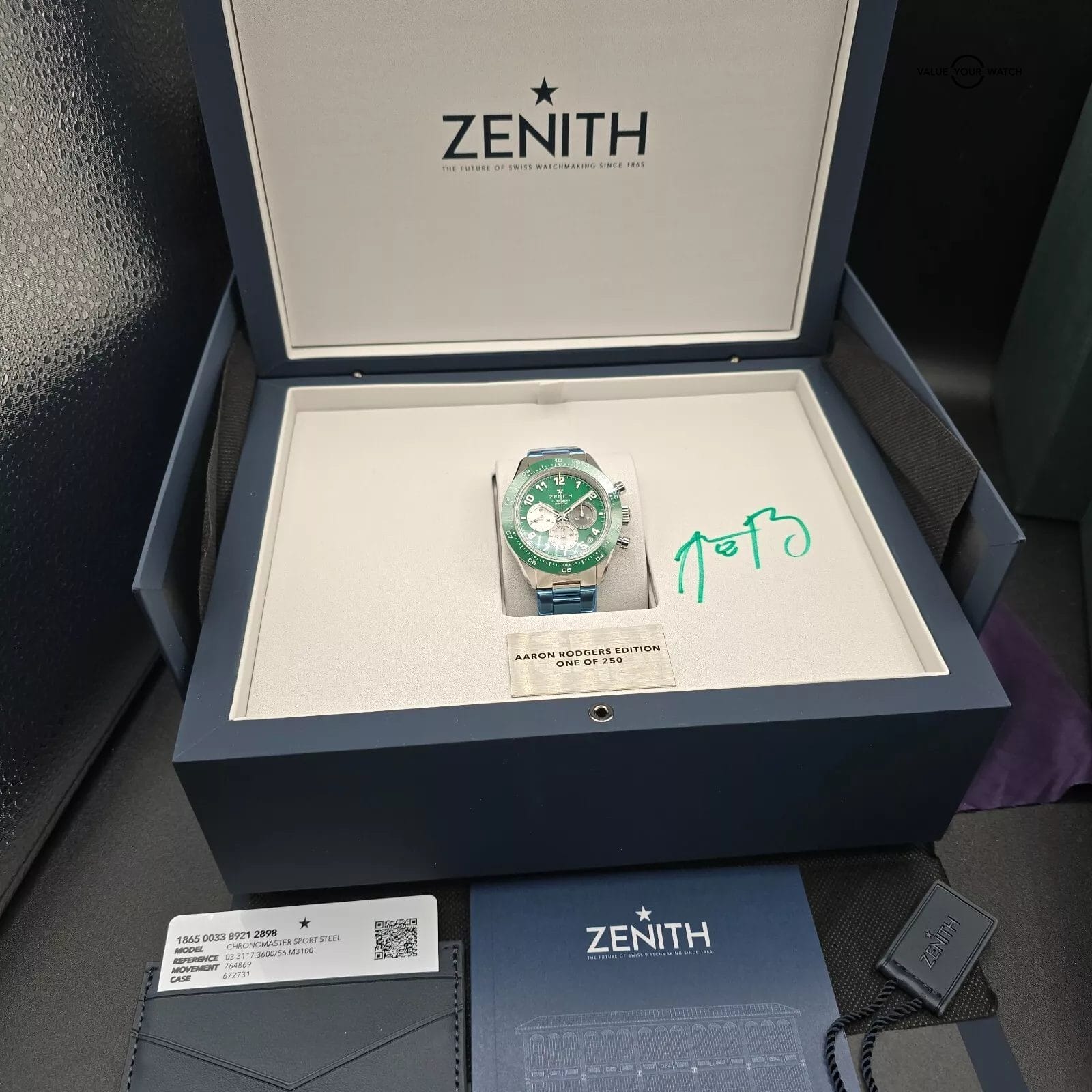Zenith Chronomaster Sport Green 1 of 250 Aaron Rodgers Limited Edition full set! - Image 4