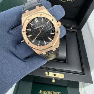 2022 Box Papers Rose Gold Black Dial Royal Oak 41mm on Black Leather Strap
