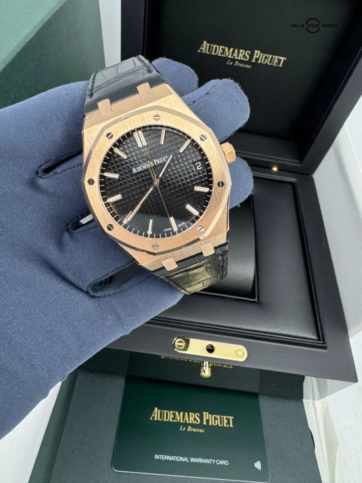2022 Box Papers Rose Gold Black Dial Royal Oak 41mm on Black Leather Strap