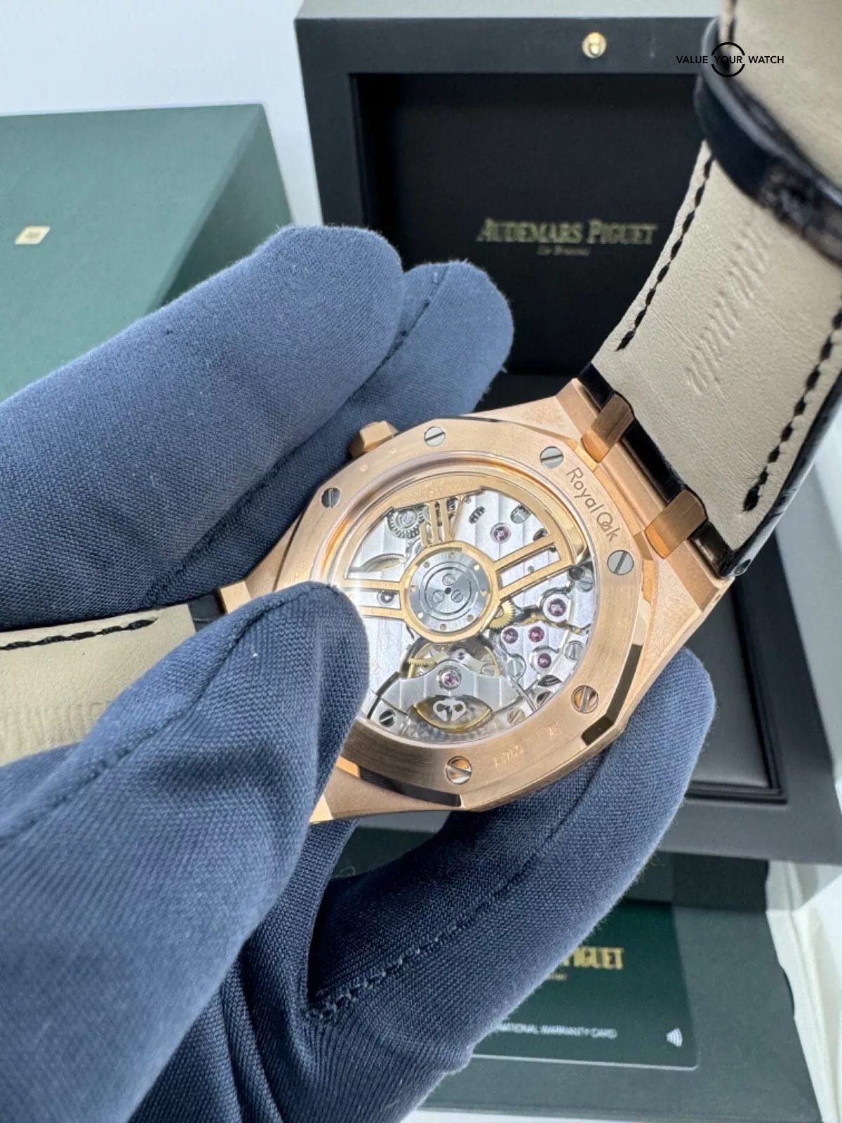 2022 Box Papers Rose Gold Black Dial Royal Oak 41mm on Black Leather Strap - Image 3