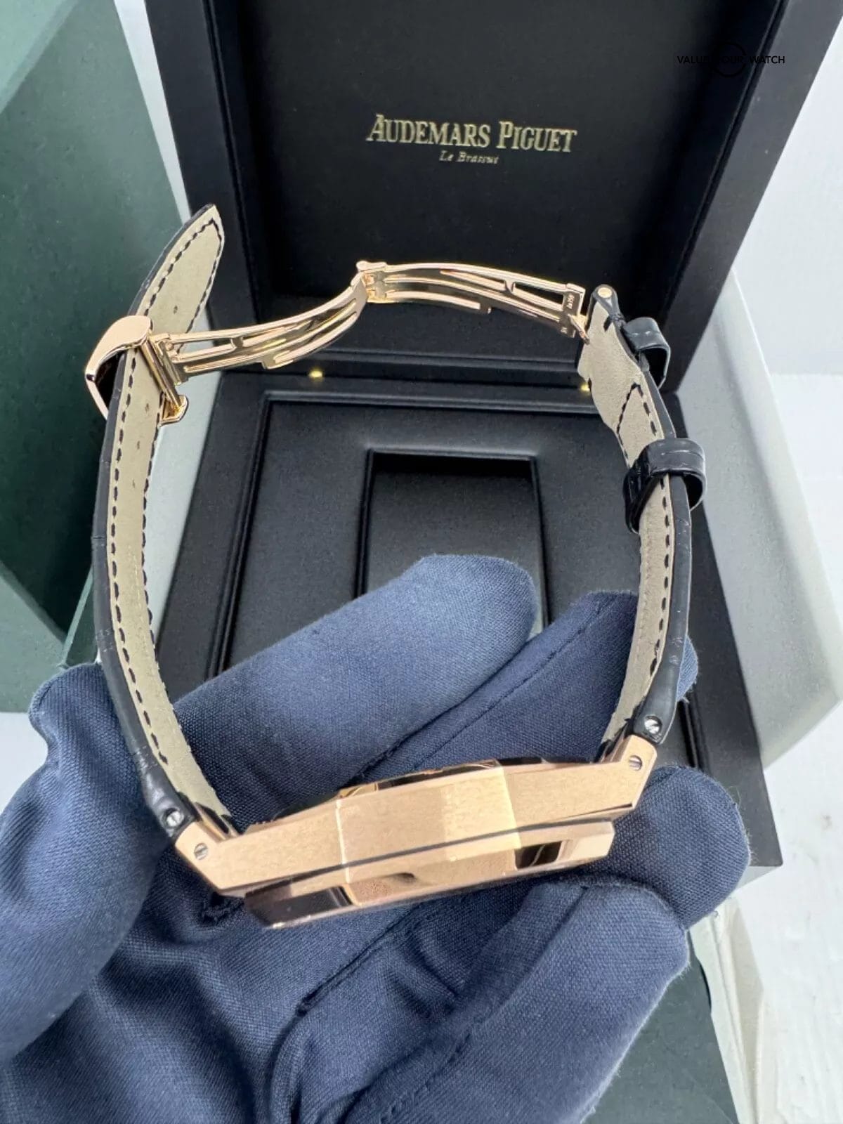 2022 Box Papers Rose Gold Black Dial Royal Oak 41mm on Black Leather Strap - Image 4