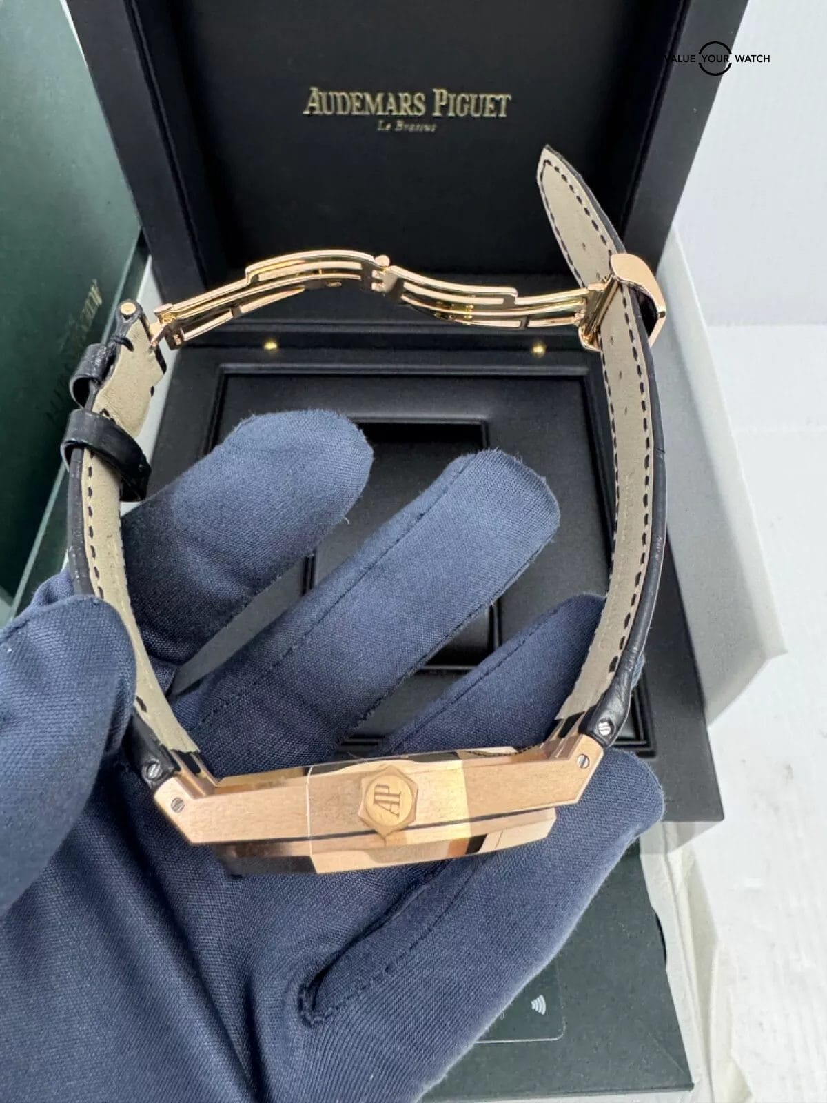 2022 Box Papers Rose Gold Black Dial Royal Oak 41mm on Black Leather Strap - Image 5